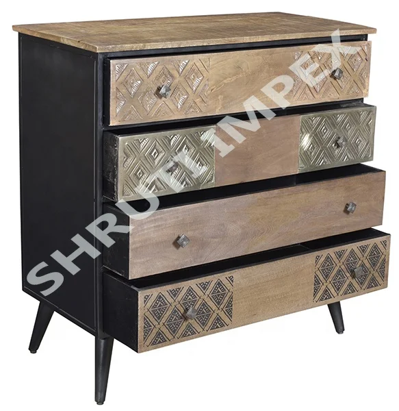 Industrial Indian Handmade Mango Wood Chest of 4 Drawer Cabinet Sideboard For Living Room