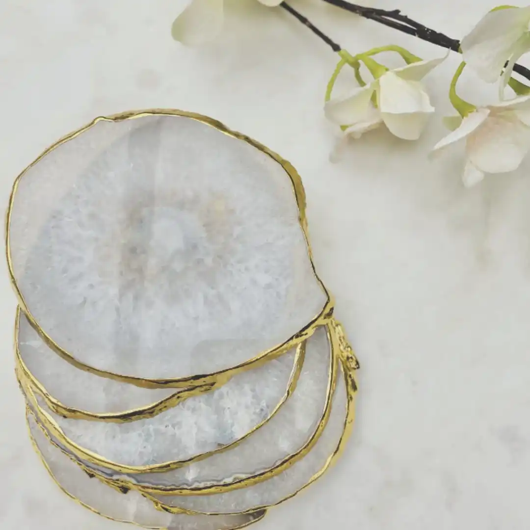Agate Coaster/Wholesale Natural Clear Quartz Agate Coaster With Gold & Silver Plated Rim Buy From Planet Crystal Exports