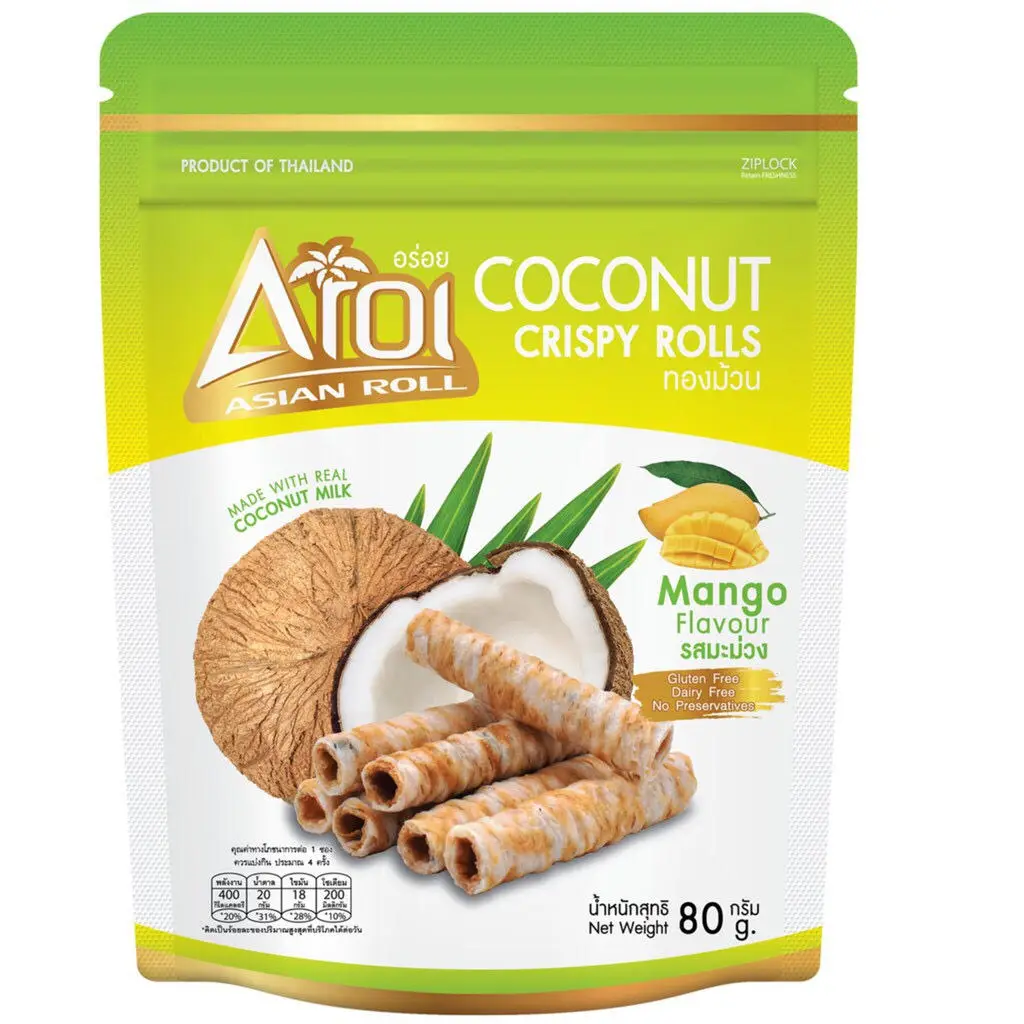Fresh Coconut Milk, Mango Flavor, Crispy Coconut Rolls Made From Real Coconut Milk Gluten Free And Mango Smoothie.