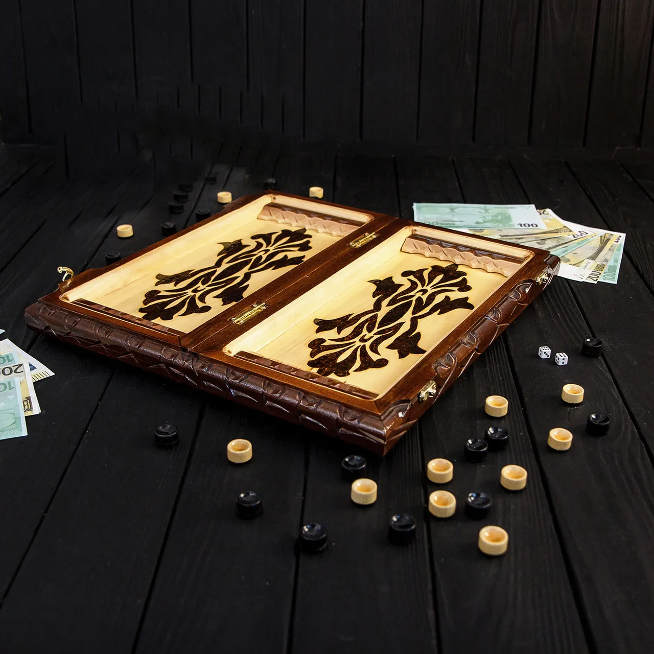 Handmade carved chess, checkers, backgammon 3 in 1 board game