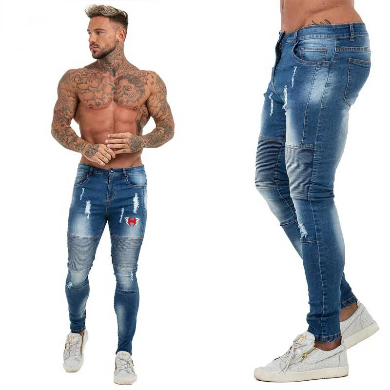 
Skinny Distressed Elastic Waist Jeans Pant Slim Fit Ripped Mens Jeans Big and Tall Stretch Blue Jeans for Men 