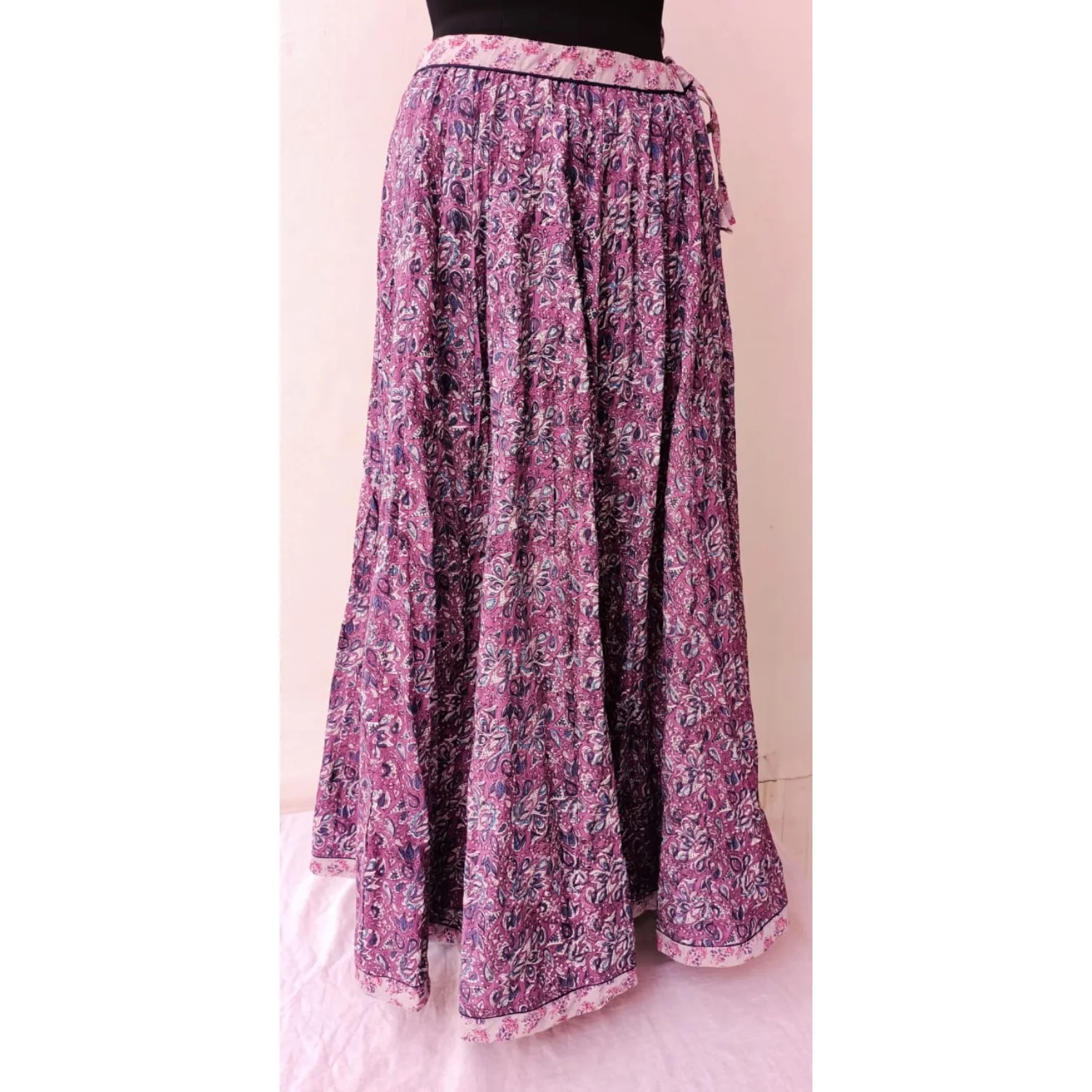 Wholesale Hand Block Printed Cotton Skirt With Tie Knot Waist For Women Clothing, Colorful Bohemian Sewing Pattern Casual Skirt