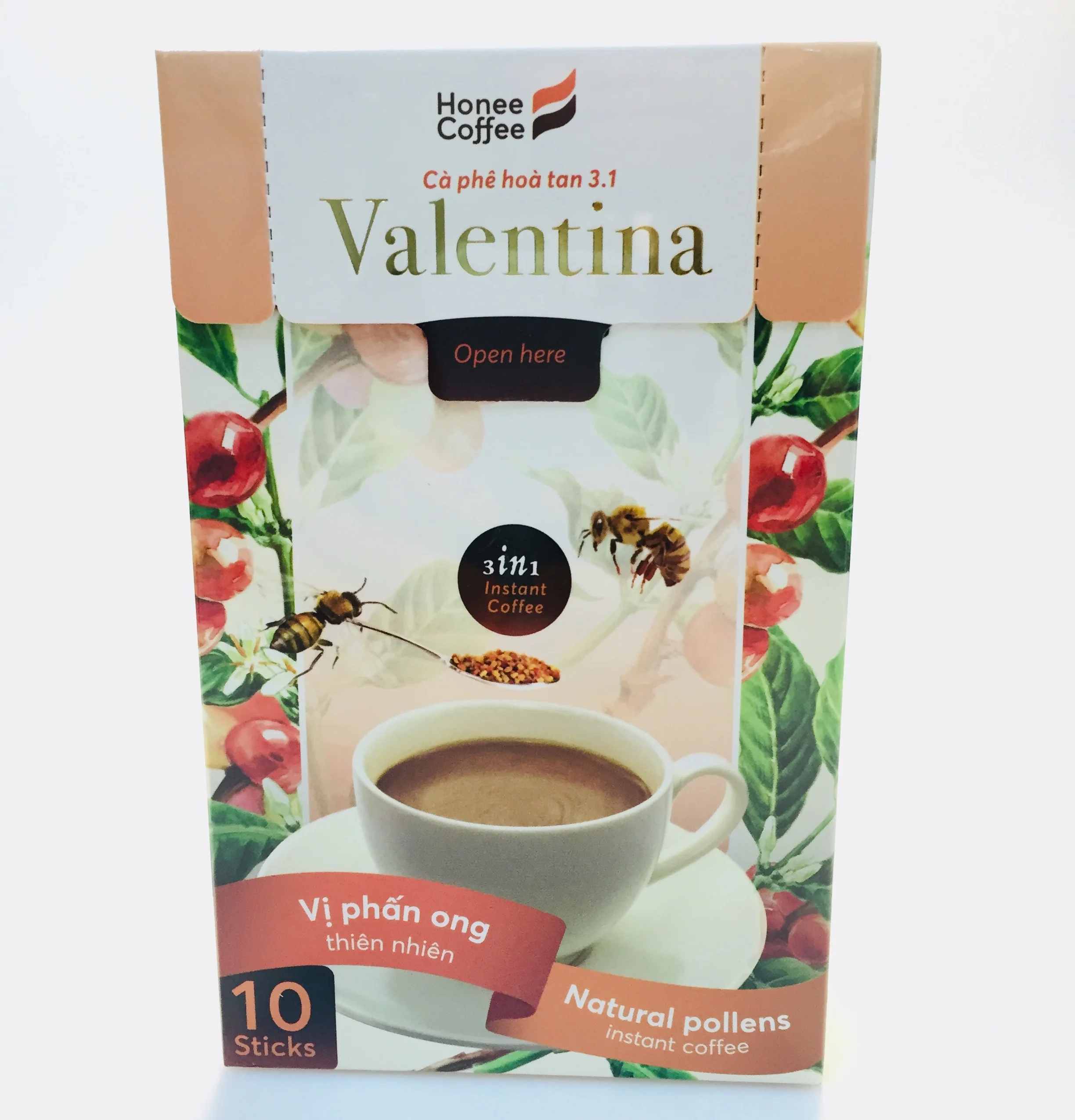 Valentina coffee instant mix 3 in 1 with natural bee pollen and non dairy creamer Honee Coffee brand