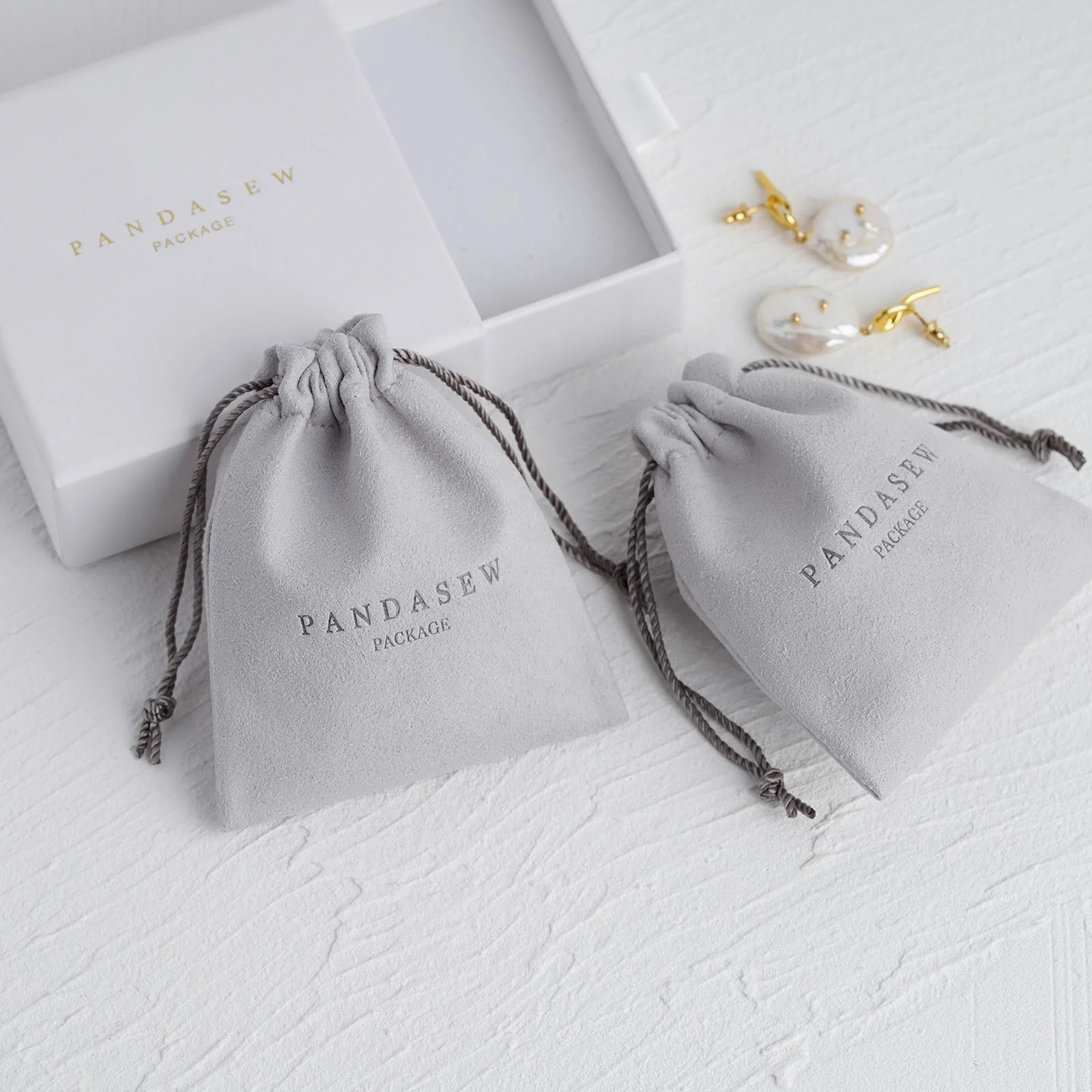 PandaSew Custom Logo Luxury Gray Microfiber Drawstring Bag Gift Packaging Jewelry Pouch