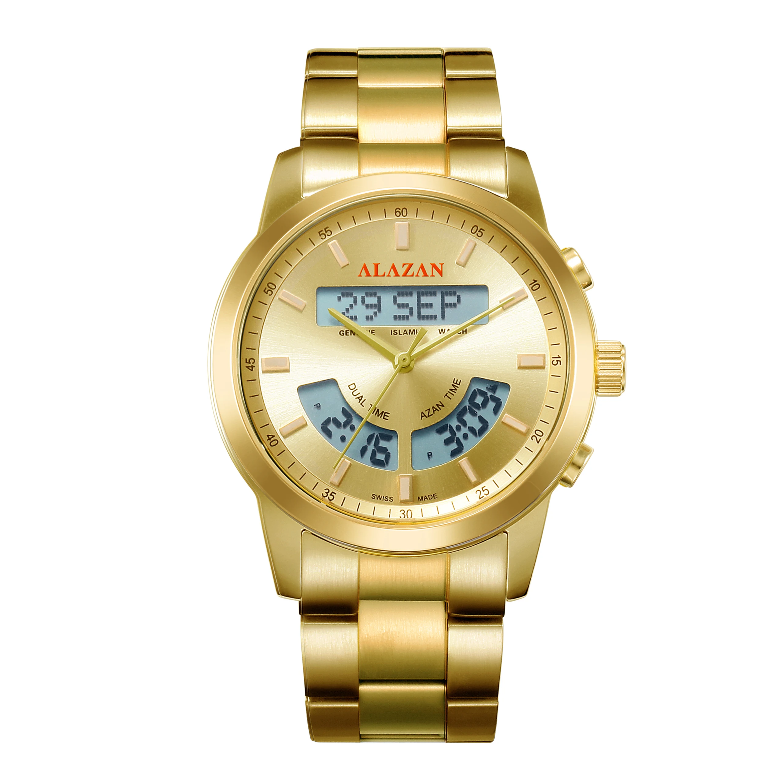 alazan Islamic alasr muslim azan alfajr summon Stainless steel prayer  qibla compass waterproof  clock watch factory wholesaler