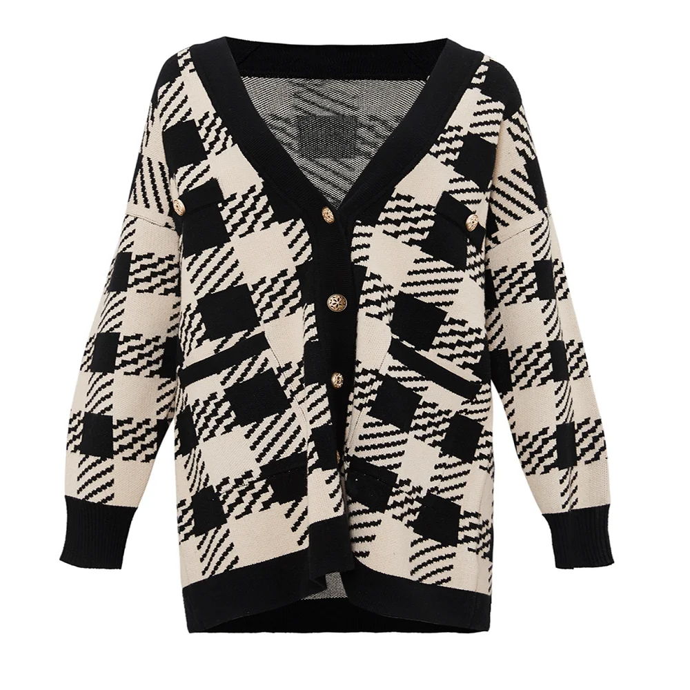 
Geo Pattern Jacquard Knit Cardigan with Button Closure 