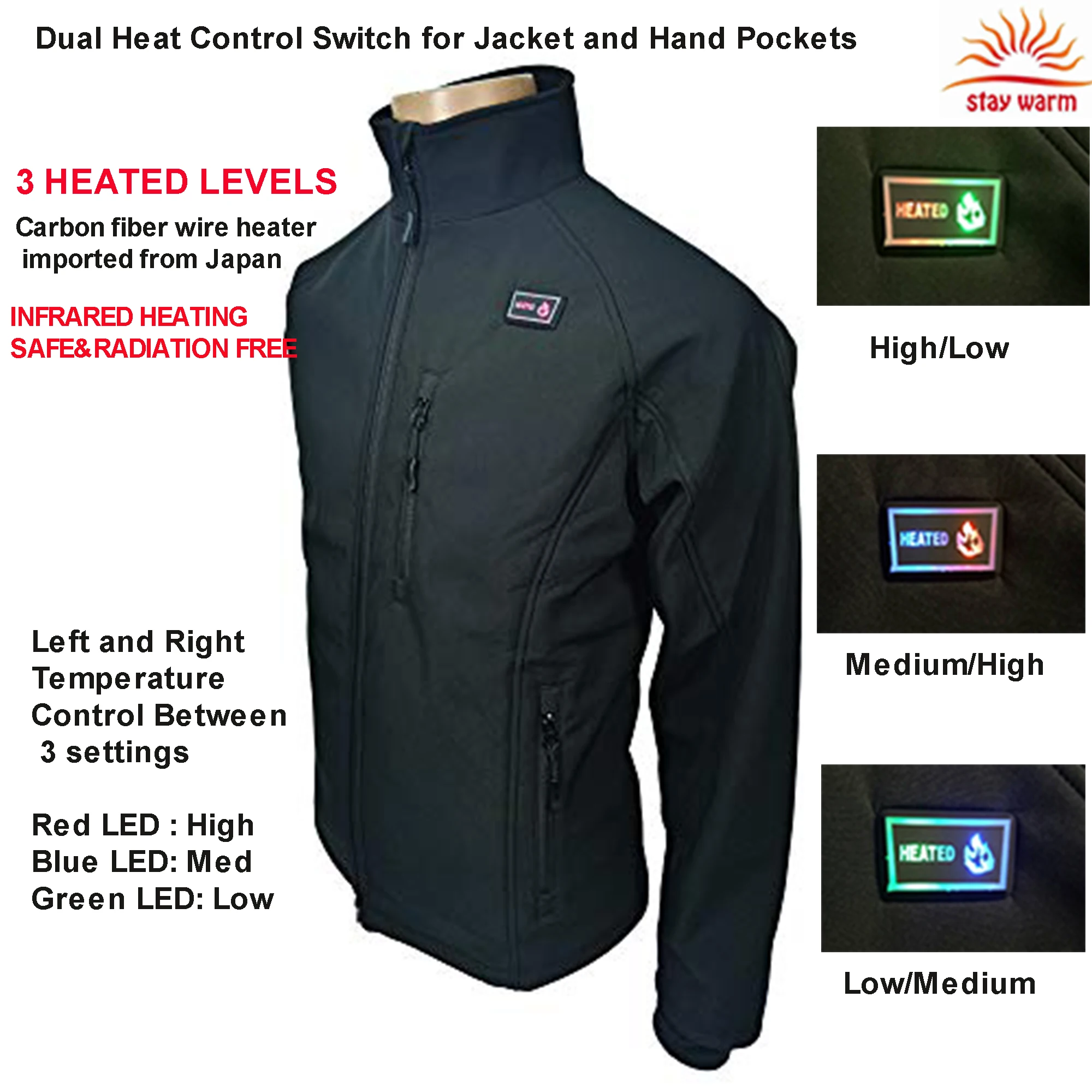 water and wind resistant classic soft shell 5v usb heated jacket with carbon fiber heating pads