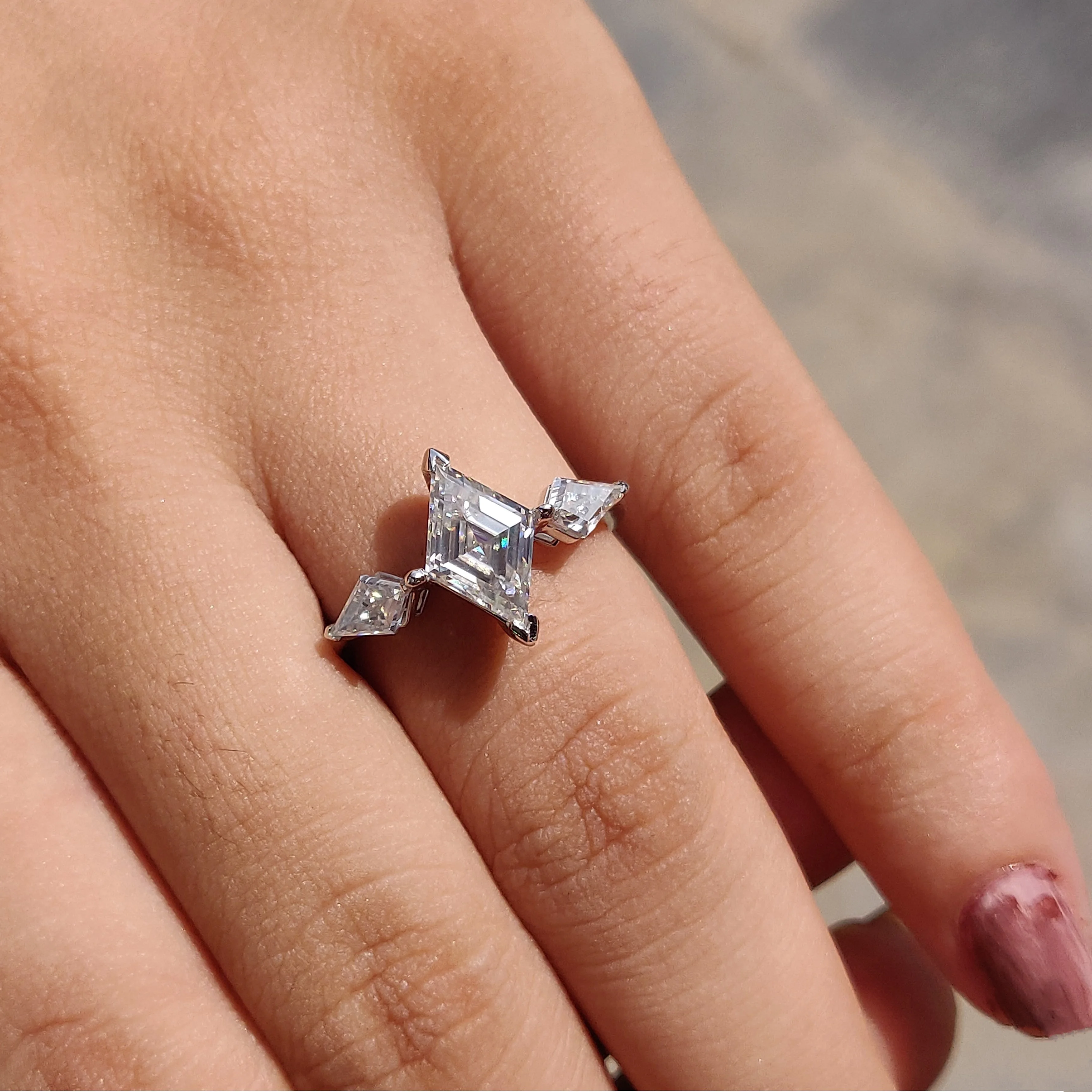 Cathedral Set Engagement Ring Gold Lab Grown Diamond Lozenge Cut Diamond Three Stone 14k Solid Halloween Cute Opp Bag Lovers