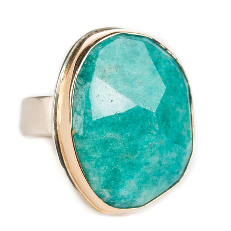 Amazonite gemstone rolled edge bezel of 14K yellow gold with 925 sterling silver band ring
