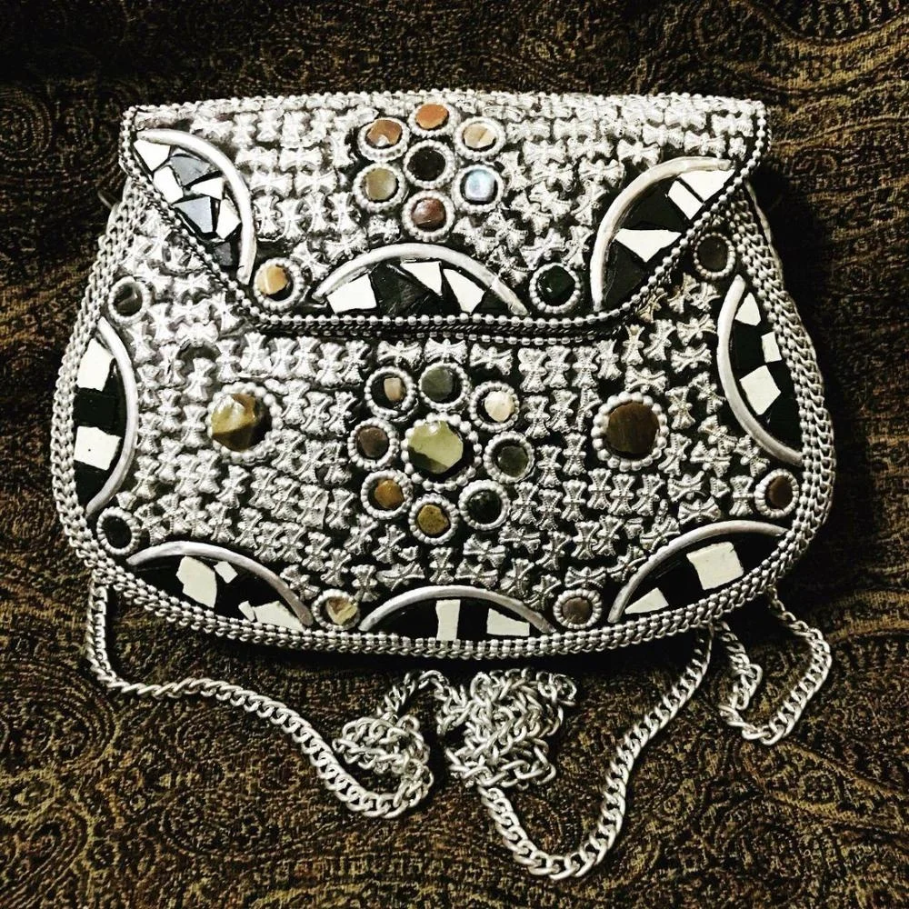 Silver Plated Metal Mosaic Clutch Evening Bag