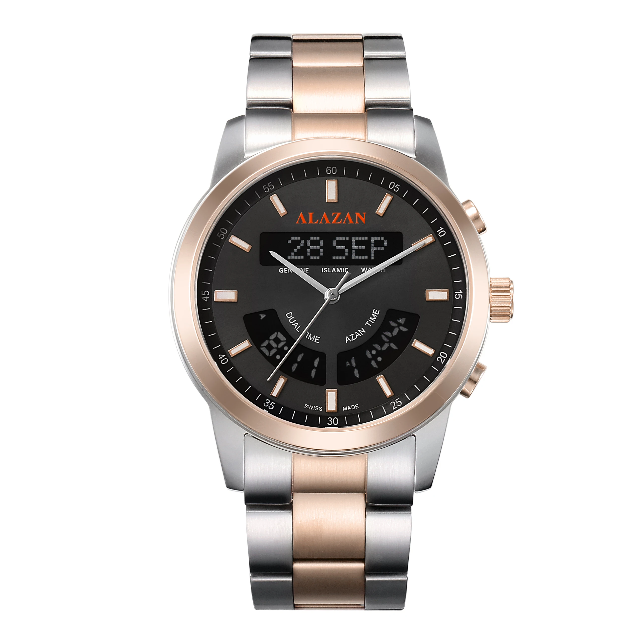 alazan Islamic alasr muslim azan alfajr Stainless steel prayer  qibla compass waterproof kaaba  clock watch factory wholesaler