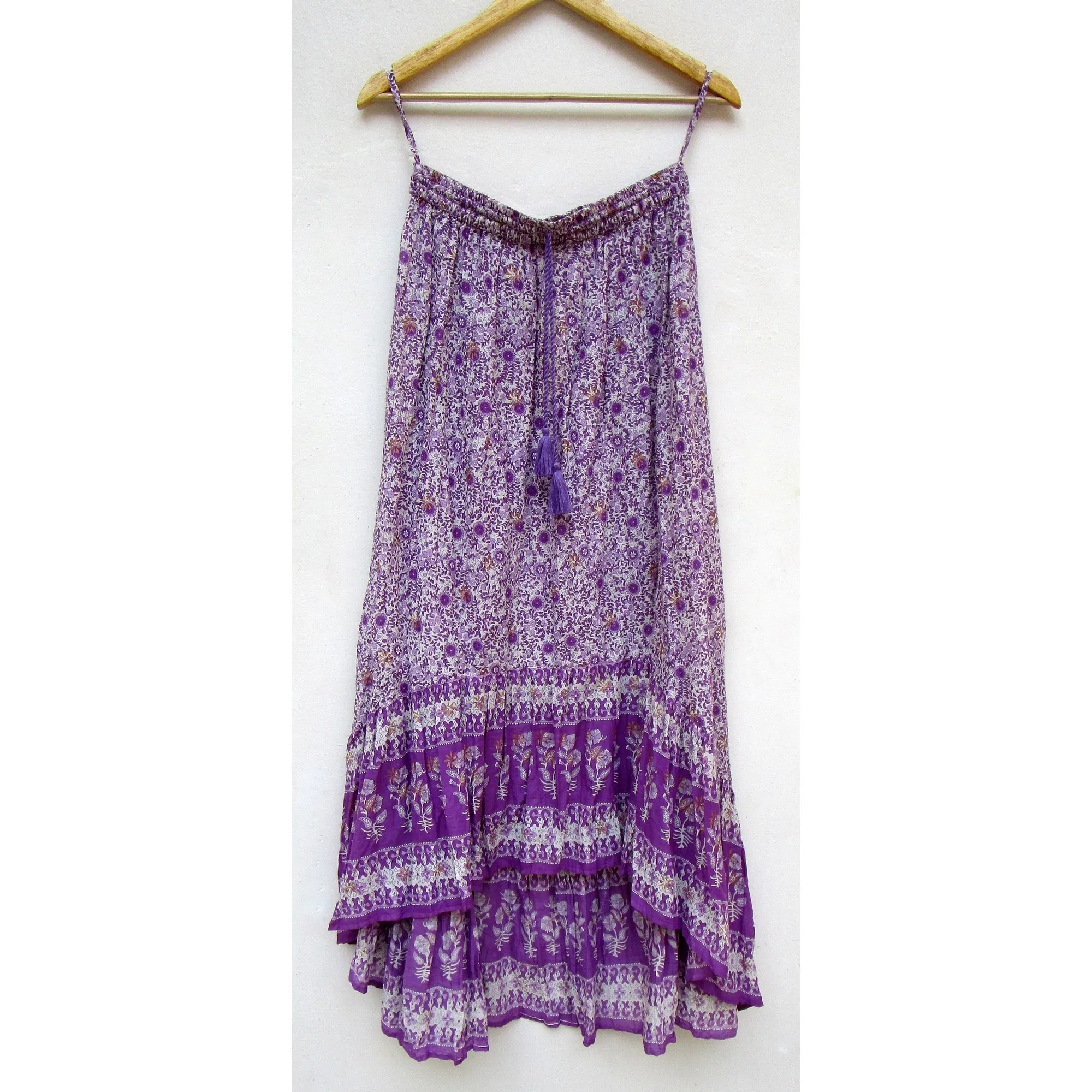 purple floral bottom frill bohemian summer casual long skirt for women