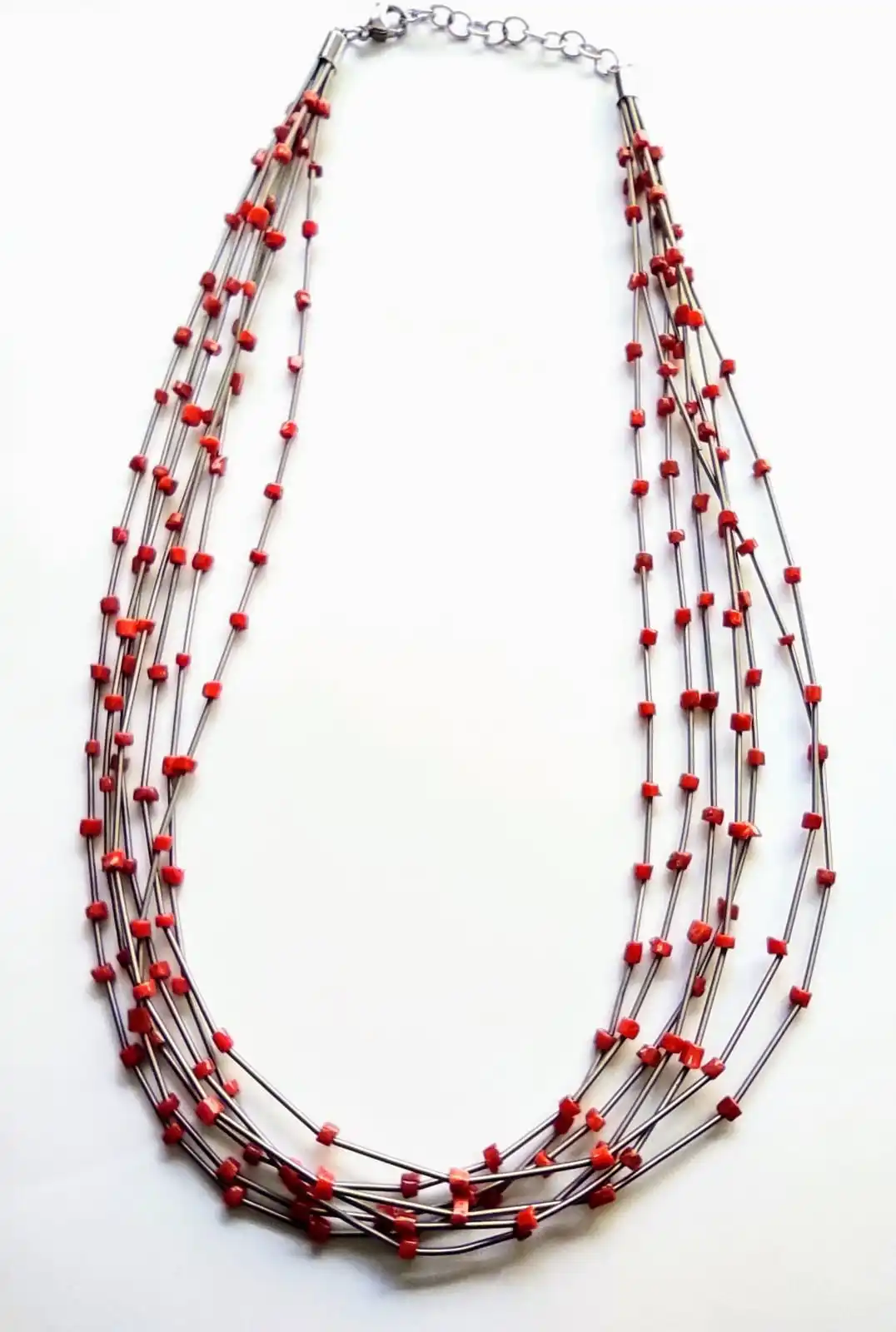 High quality fashion jewelry stainless steel and natural red coral necklace simple plain no silver gift business party wedding