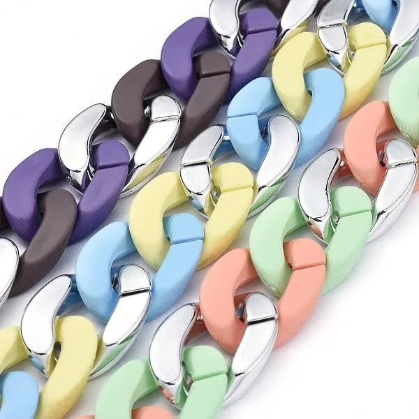 three Tone Handmade Curb Chain Sets, Cuban Link Chains, with Opaque Spray Painted Acrylic Linking Rings For Clothing and Glasses