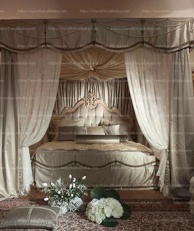 Arab classical royal solid wood frame carved golden home bed set