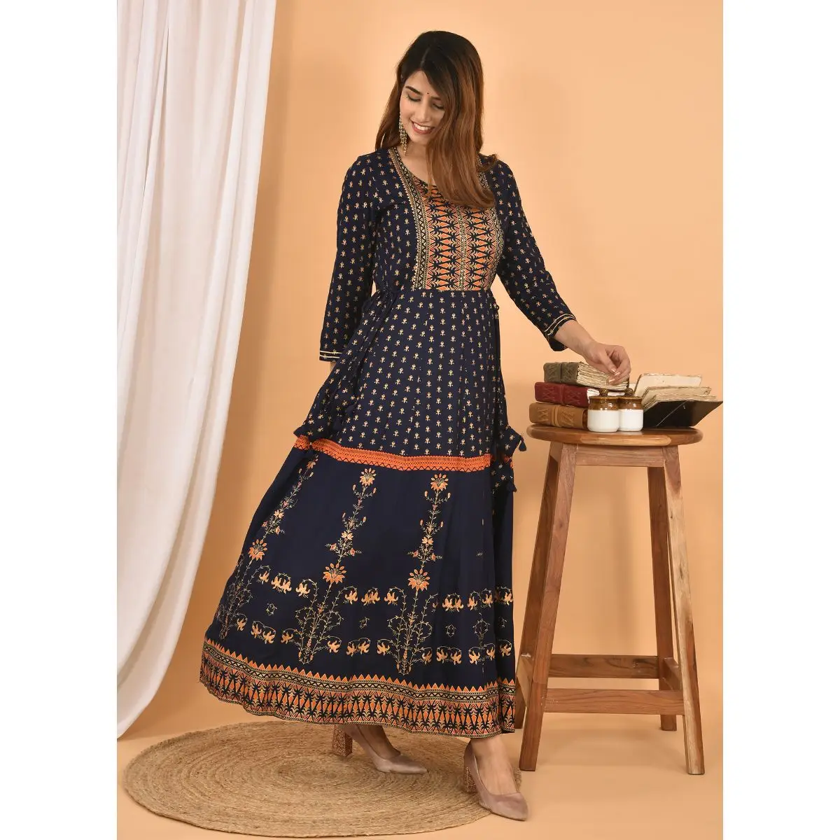 Blue Orange Gold Printed Cotton Ethnic Gown