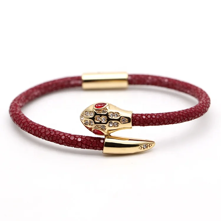 Wholesale Women Mens Jewelry Green Genuine Stingray Python Leather stainless steel snake head Bracelet