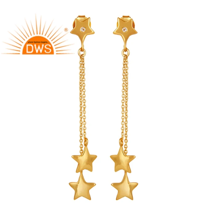 White Topaz Gemstone Sterling Silver Gold Plated Star Charms Chain Drop Earring Jewelry  For Women Gift For Her