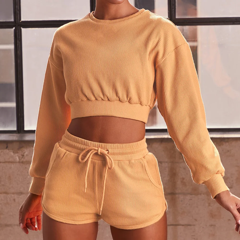 summer high waist 2 pieces 100% cotton women ladies cropped top casual shorts tracksuit