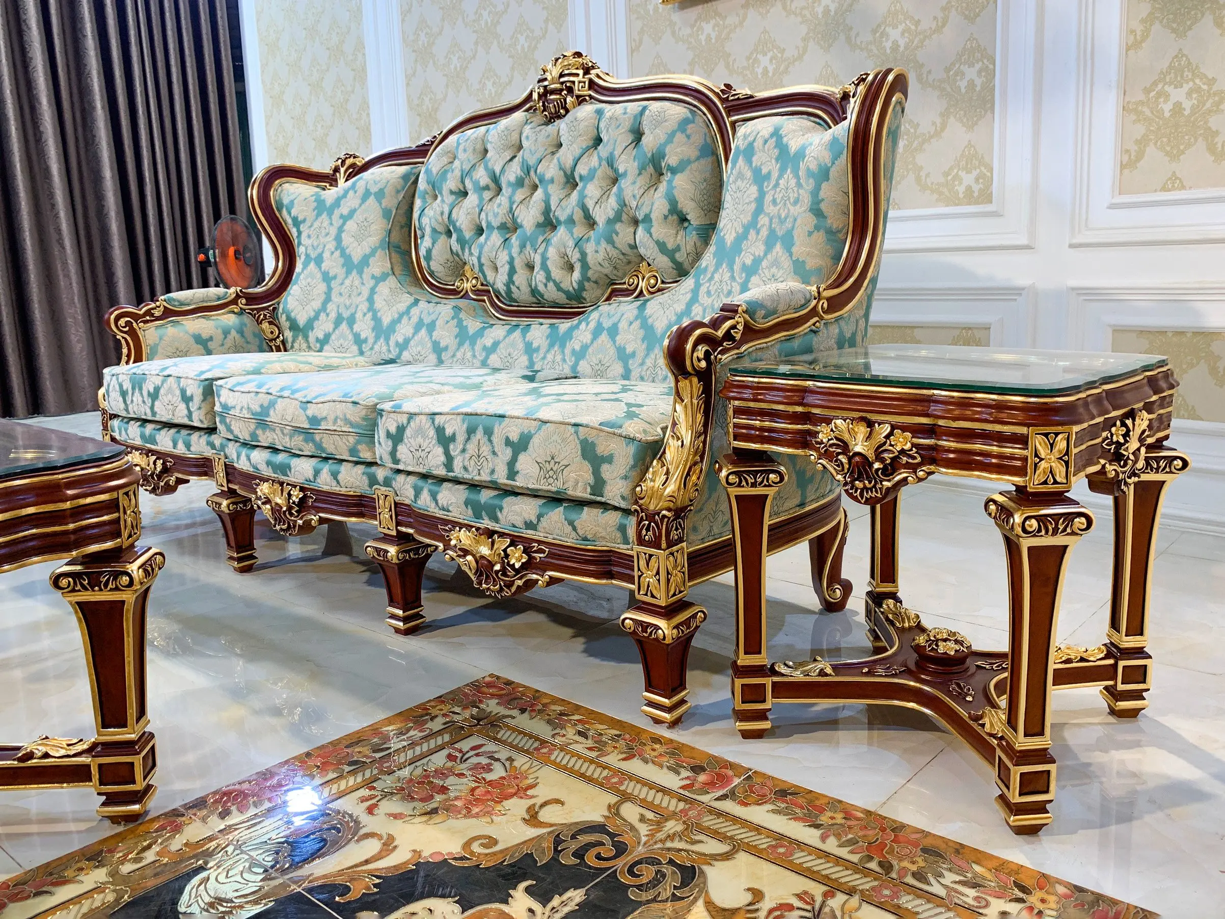 Customized Luxury Furniture Living Room Fabric Sofa,Classic Italy Carving Wooden Sofa