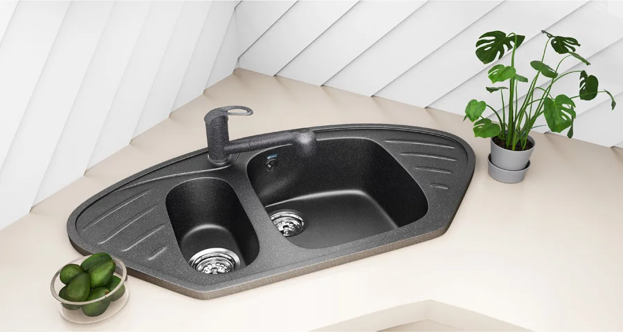 Top quality composite corner kitchen sink ULGRAN U-105 with mixer tap hole artifical stone double bowl