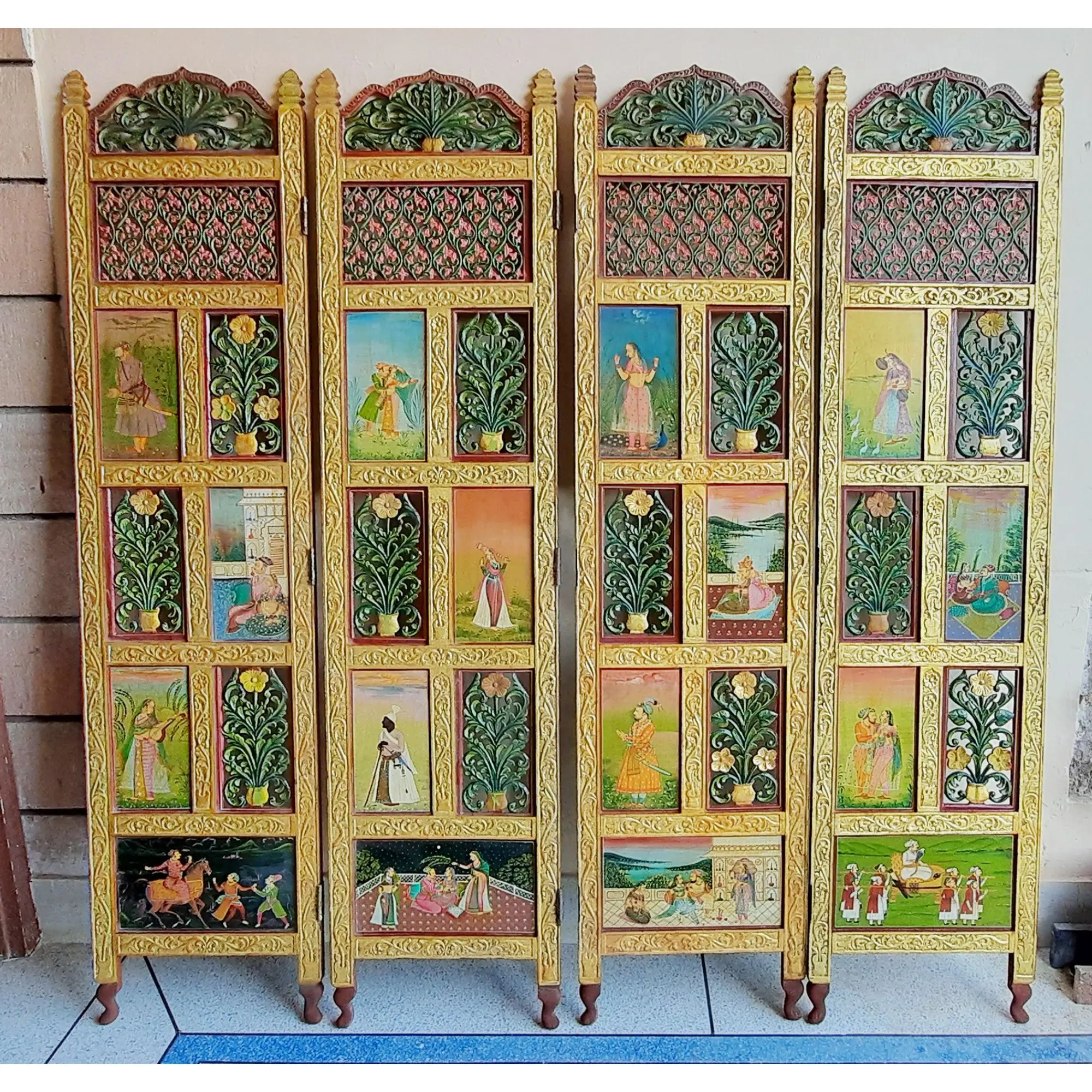 Indian Hand Painted Screen partition wall for room decoration Hand Carved With 24K Pure Gold 4 Panels Folding Room Divider