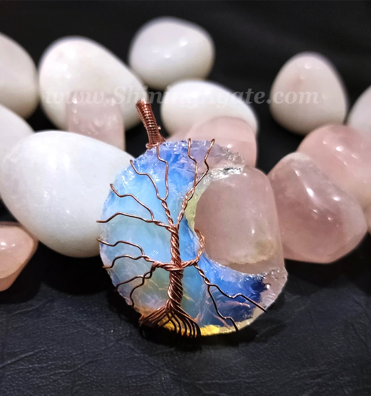 Crescent Moons Shape Pendant Tree of Life Design Pendant Opalite Wholesale Gemstone Pendant for Sale