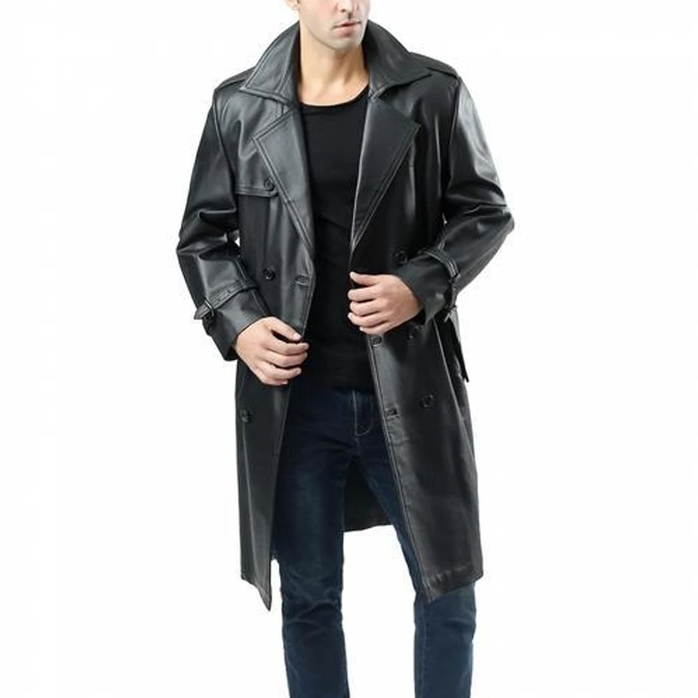 Mens Black Leather Jacket Distressed Leather Trench Coat Hip height Long Coat Three Quarter Long Coat