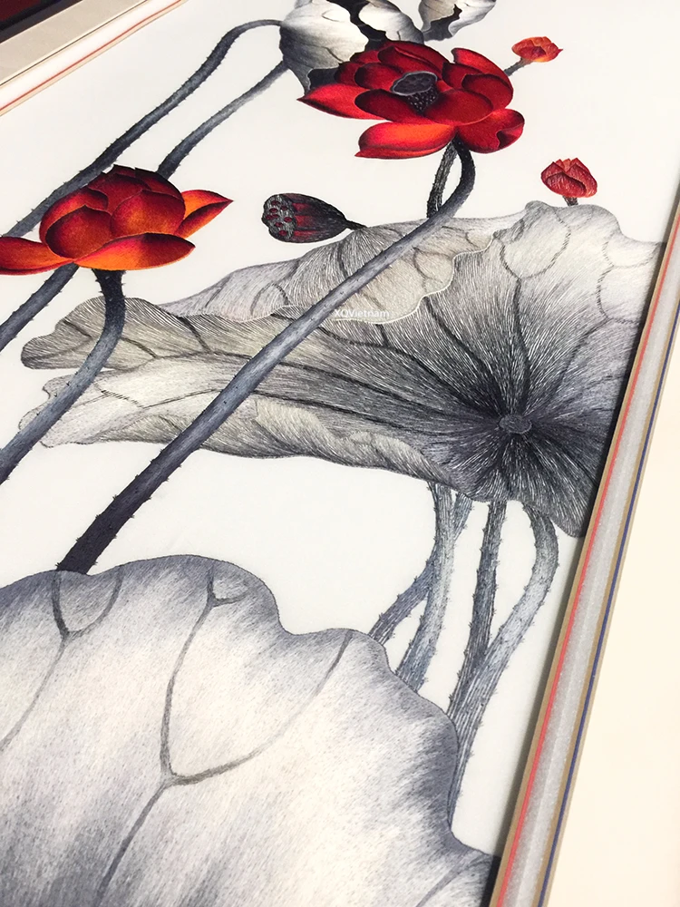 Цветочная живопись современный стиль ручная вышивка картина на нитке шелк хлопок аромат лотоса 49-50