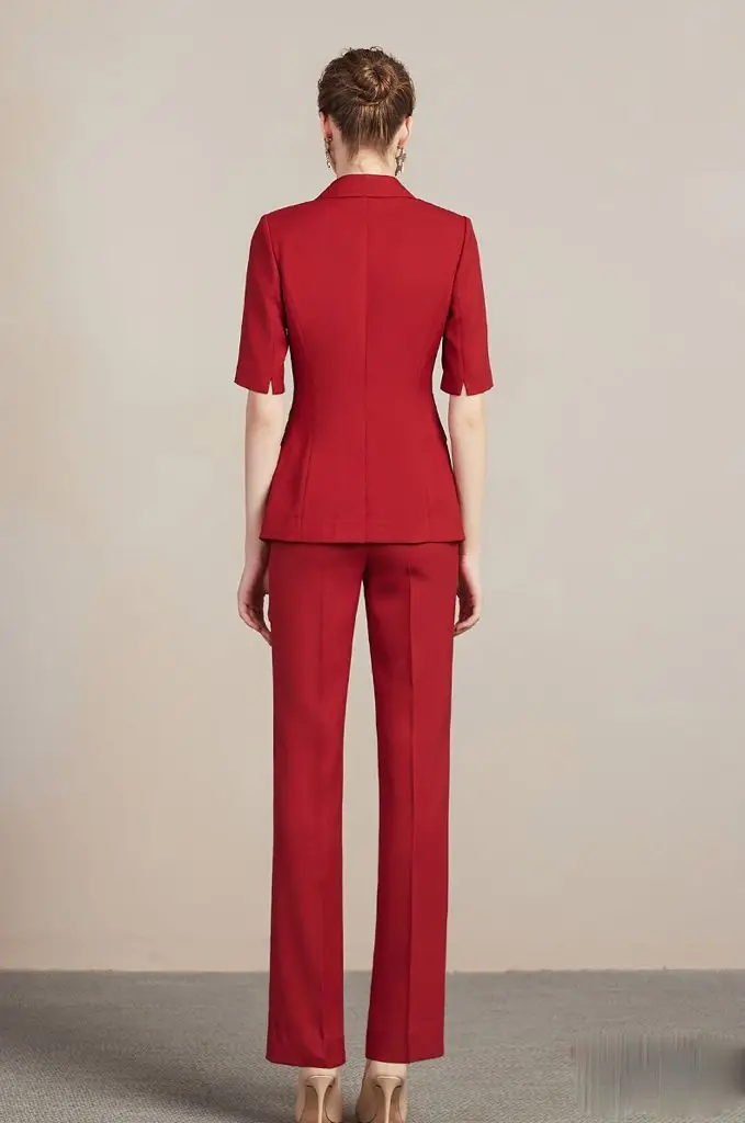 Trendy Lady Suit Set Formal Fashion For Business Girls Red Color Short Sleeves Two Piece Pants Set Women
