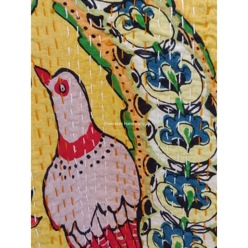 Новое индийское желтое покрывало Kantha с принтом птиц красивое домашнее украшение оптовая продажа Хлопковое одеяло ручной работы