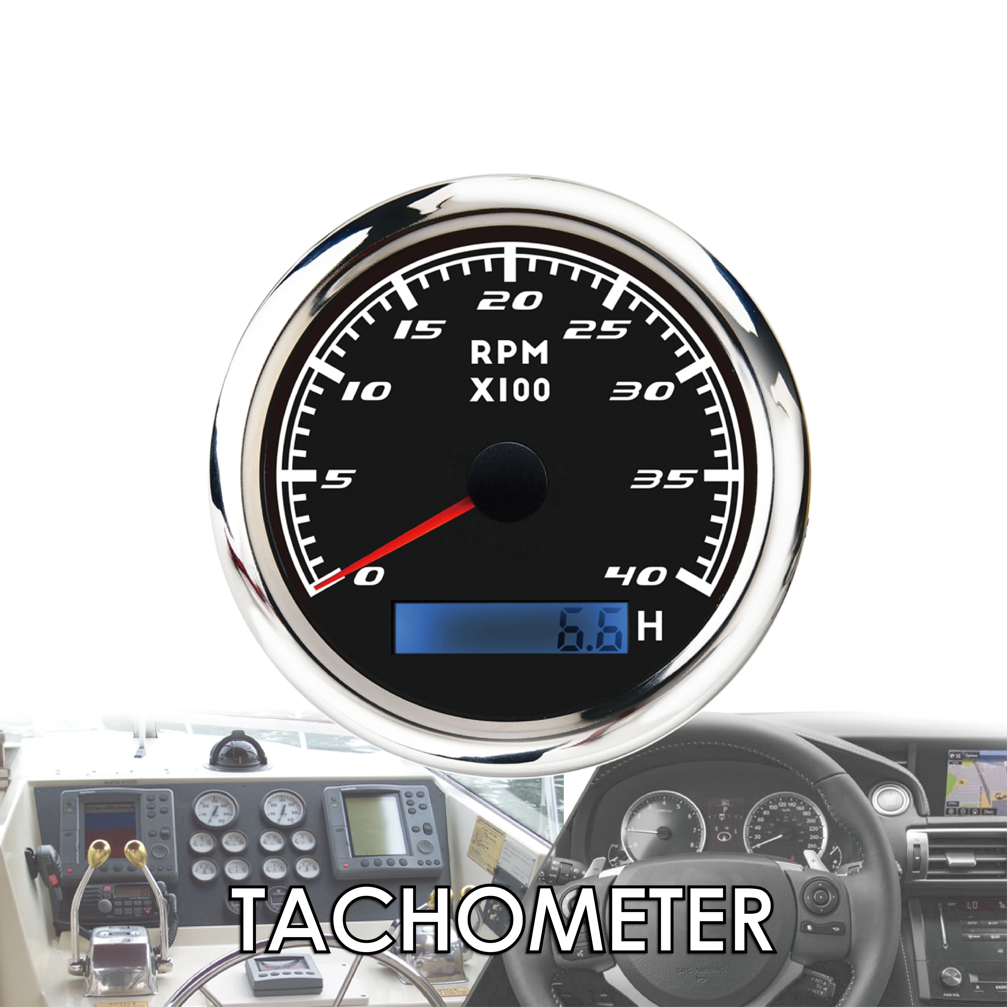 85mm analog and 316 stainless steel rim with convex lens black face white LED display 4000 rpm tachometer gauge