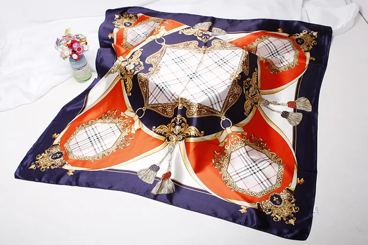 Wholesale polyester satin silk feeling 90x90 square printing women neck scarf custom