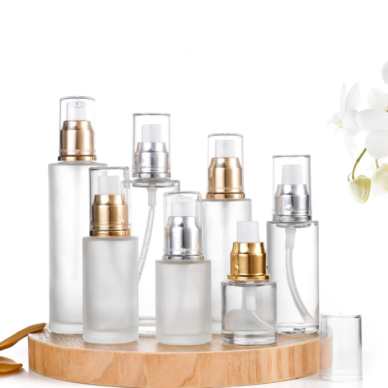 Wholesale 20ml 30ml 40ml 50ml 60ml 80ml 100ml Clear Frosted Glass Bottle With Sliver Gold Spray Lotion Pump