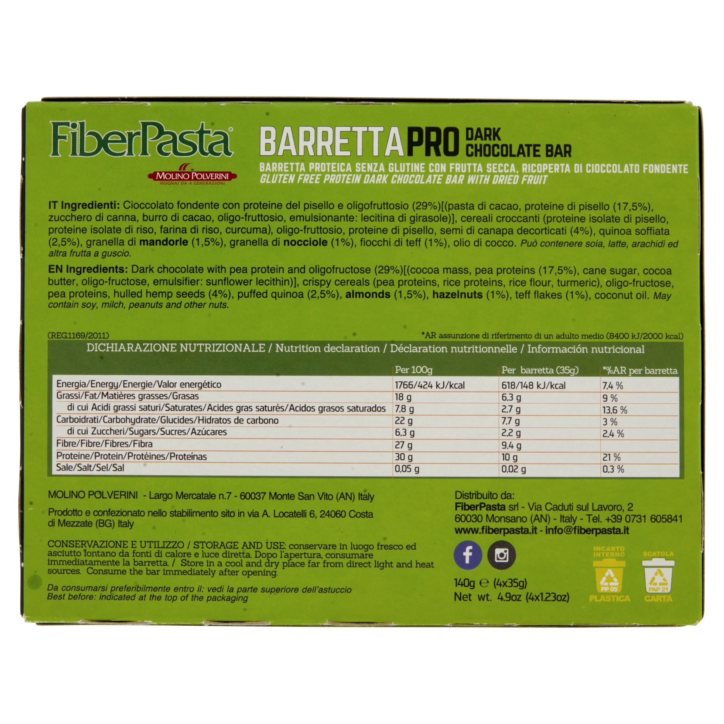 Премиум-бар с высоким содержанием белка, без глютена и с высоким содержанием волокон, с орехами и миндалем, с покрытием из темного шоколада