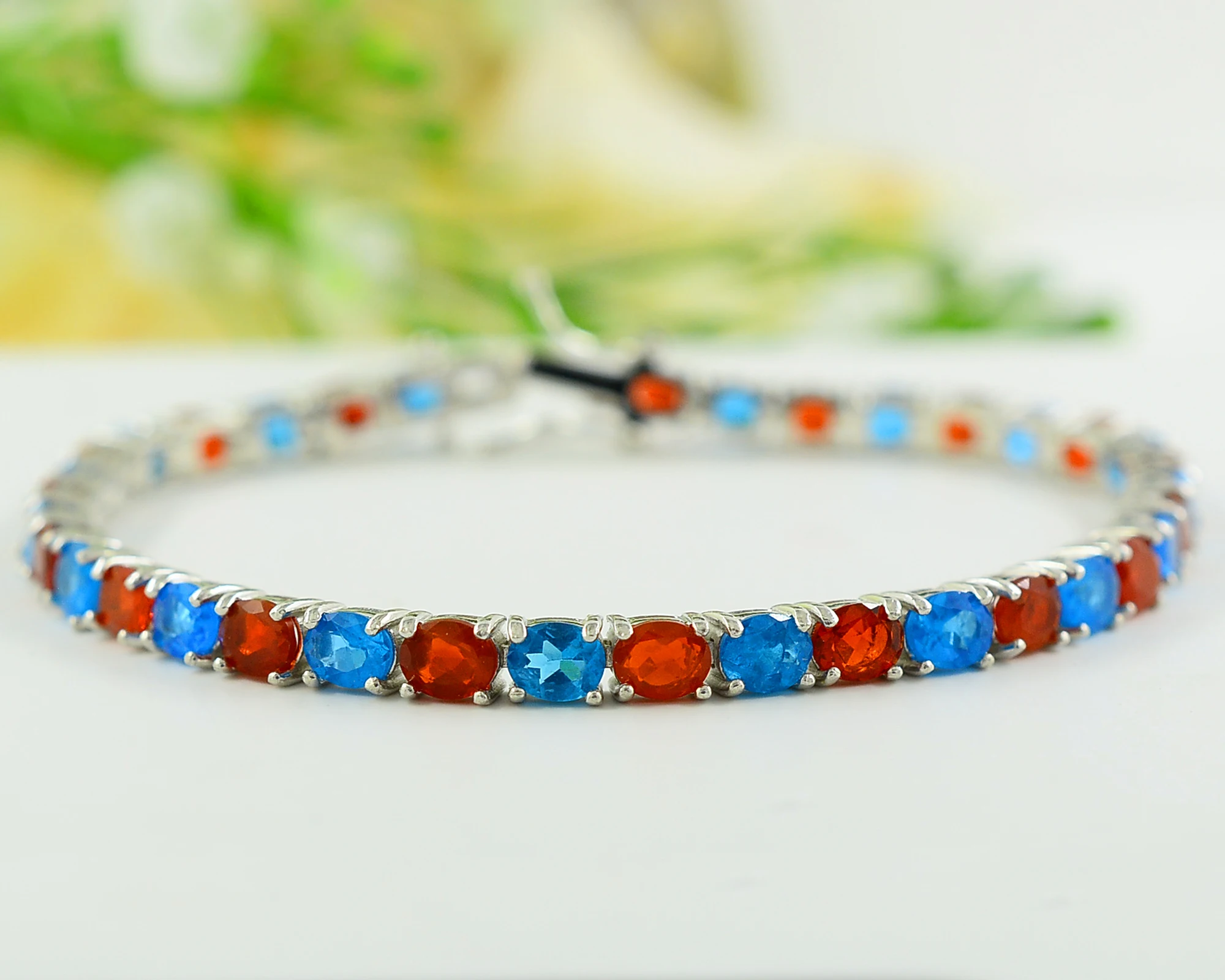 Натуральный неоновый апатит и мексиканский огненный опал 5x4 мм овальной огранки в стиле тенниса 925 твердый Серебряный браслет для женщин оптовик из Индии