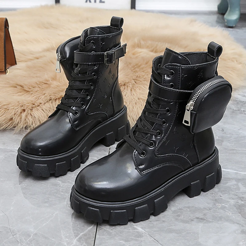 Women Waterproof Fashion Shoelace Ankle Boots with Two Mini Side Bags Leather Cool Black Winter Martin Boots