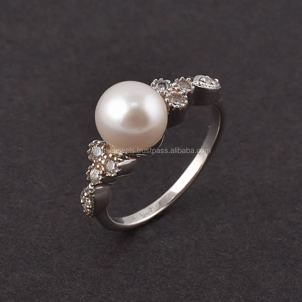 Freshwater White Pearl Ring Gemstone Engagement Pearl Ring Women Jewelry 925 Sterling Silver Cubic Zirconia Silver Plated