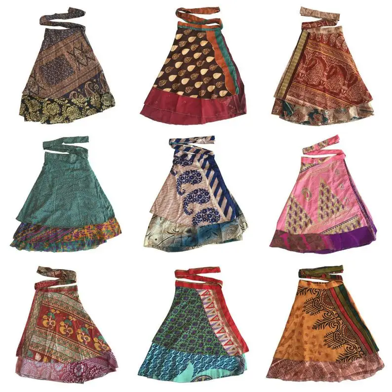 Short sarong wrap skirts vintage sari beach mini wrap skirts Vintage Silk Bohemian Hippie Beach Magic short Dress summer skirts
