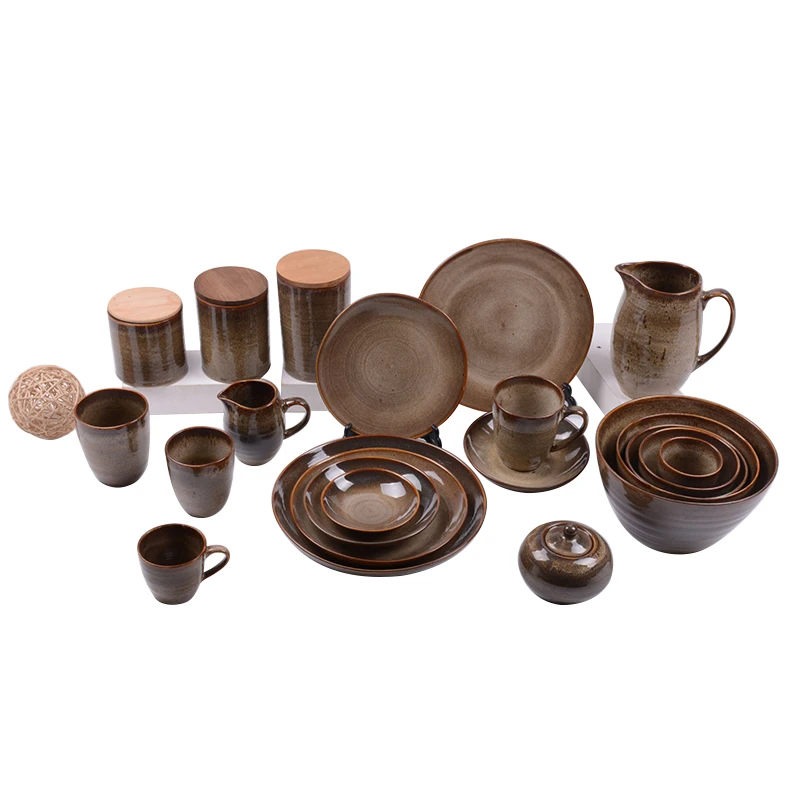 Dinner room table set stoneware vintage reactive glaze glossy jars/bowls/dinner plates/tea cups/kettles tableware dinnerware set
