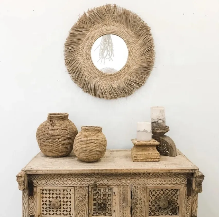 Round bohemian handmade rustic seagrass frame mirror decor wall antique mirror frame for living rooms