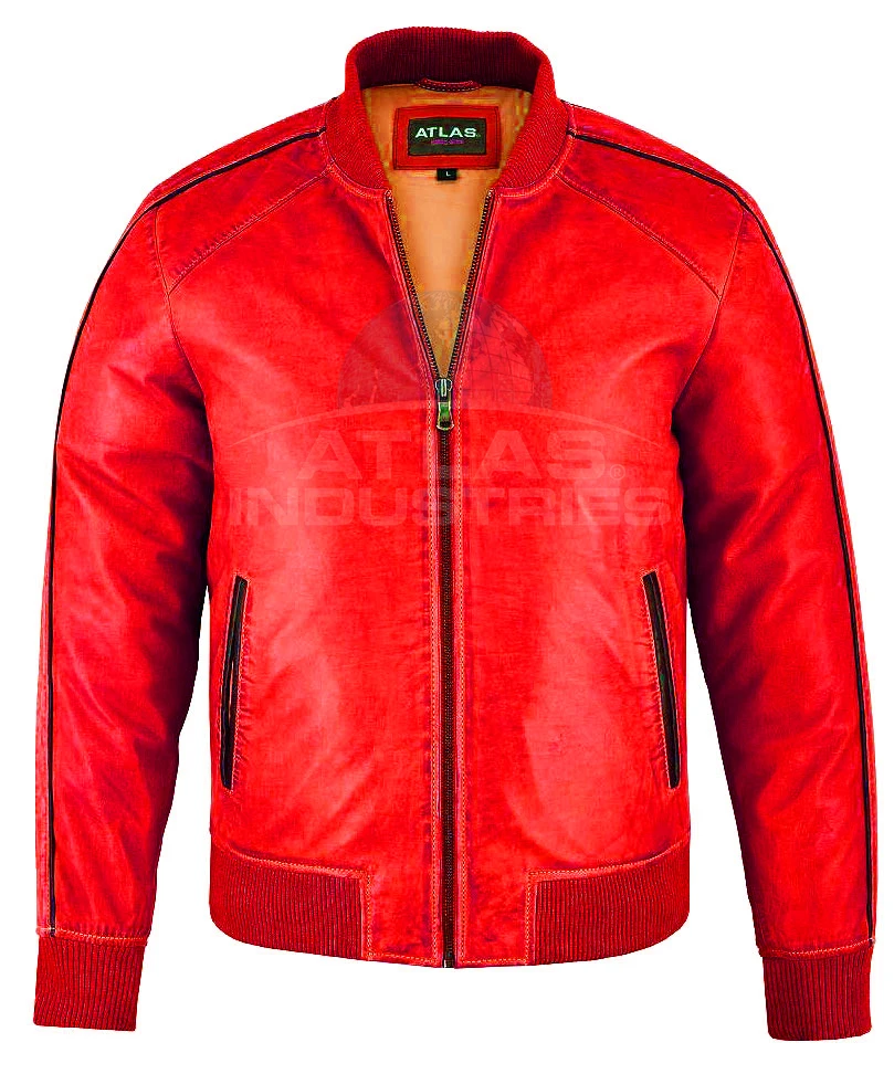 
Мужская красная кожаная куртка с передней молнией, изготовлена из овечьей кожи, застегивающиеся манжеты и талия 