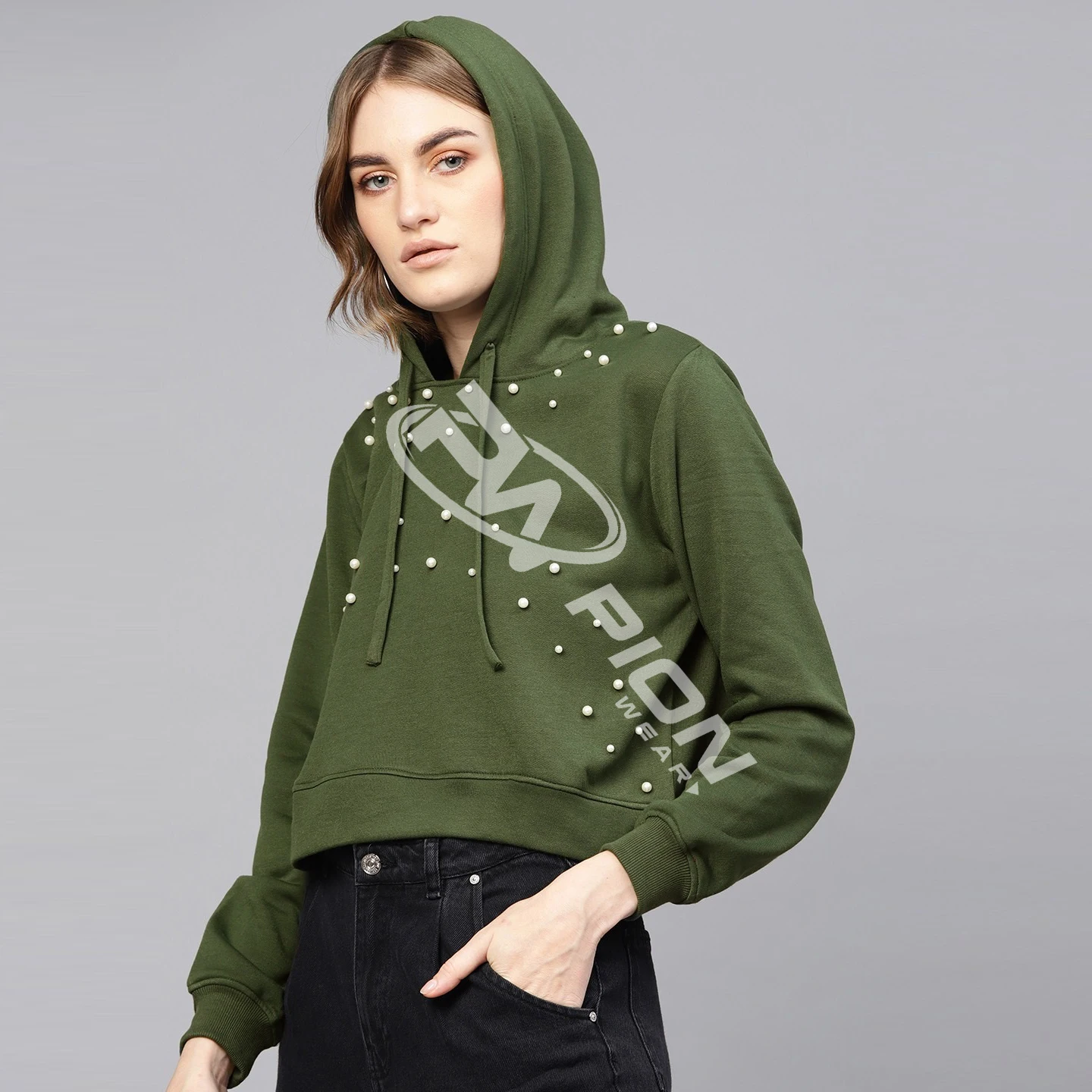 
Olive Green Embellished Long Sleeves Wonderful Designed Wholesale Sweatshirt hoodie for Womens 