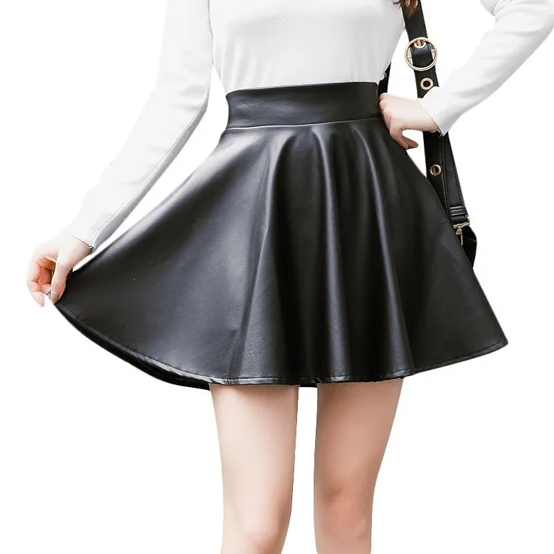 
2021 autumn winter black cheap formal office lady girl skirt pu leather A line high waisted mini skirt women By Unbroken Style 