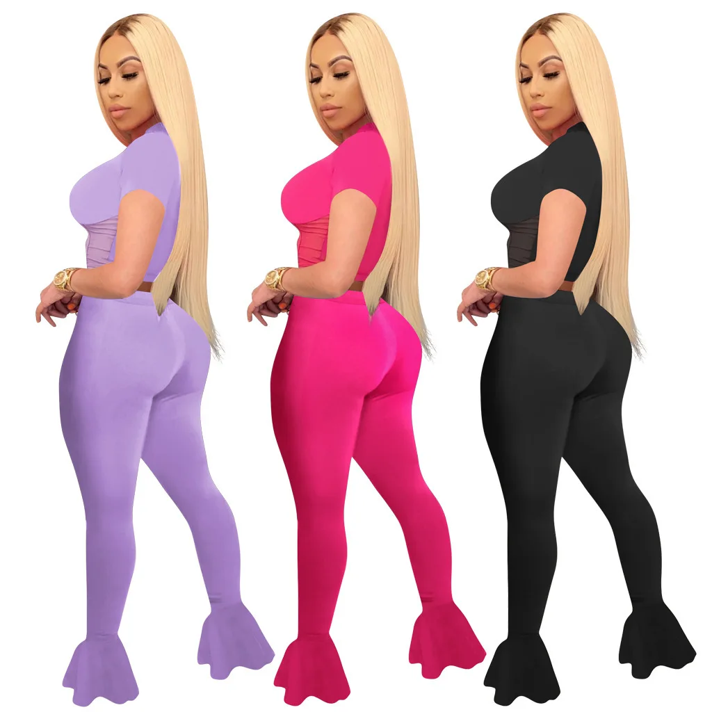 Hot Selling Long Half Sleeve Crop Top Stacked Pants Women Fashion Clothing Two Piece Tracksuit Set two Piece Jogger Set Women
