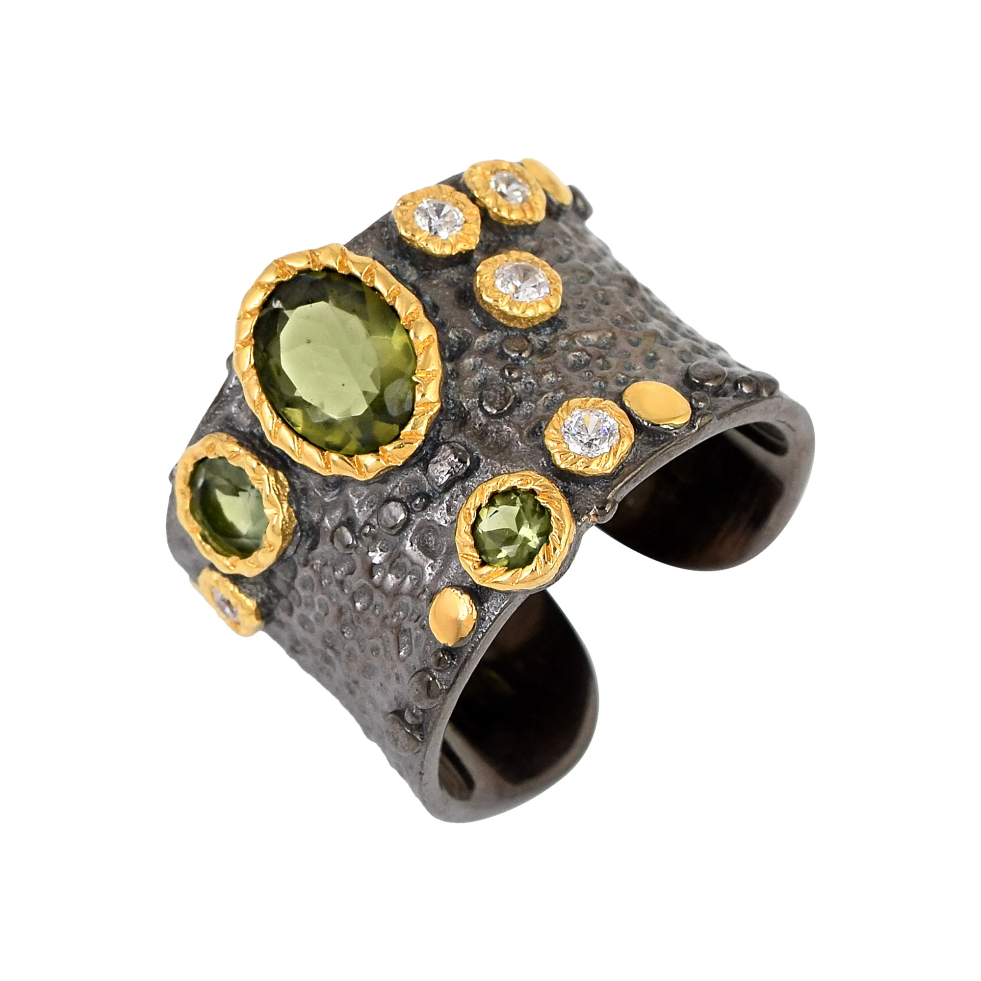 New Arrivals 925 Sterling Silver Cubic Zirconia Moldavite Gemstone Dainty Cuff Ring Wholesale Gold Plated Adjustable Jewelry