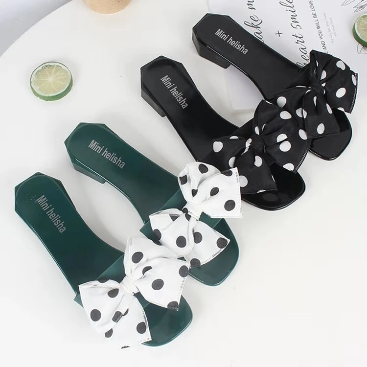 2020 hottest women polka dot bow flat slides with soft square heel