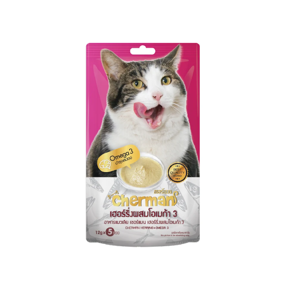 
Cherman, Cat Cream Treat Food, Herring Flavour (Pink - Brain Nourishment, Omega 3) 12g 