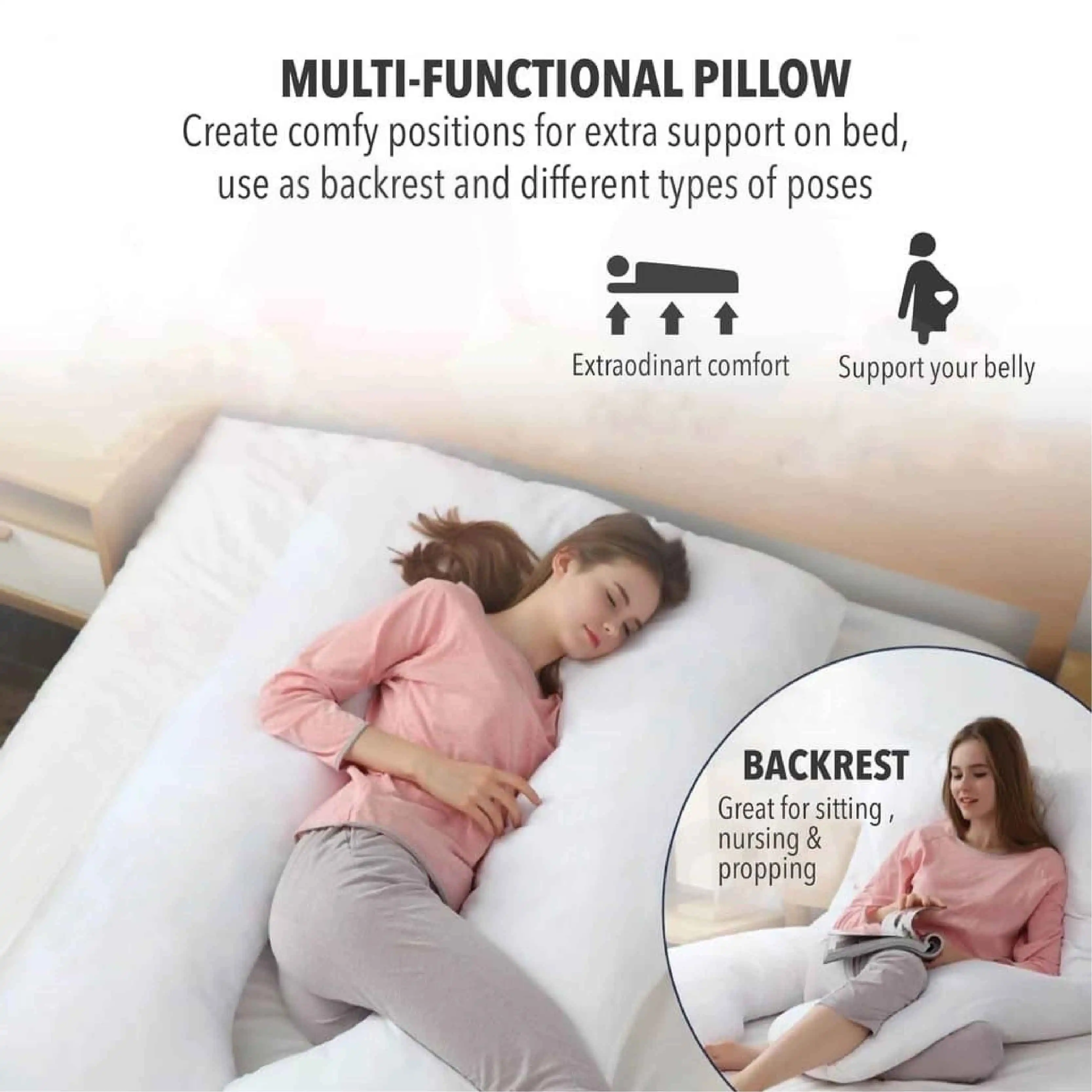 High Quality Comfortable U-Shaped Pregnancy Pillow Size 63cm x 110cm 1kg Polyester Fiber Filled
