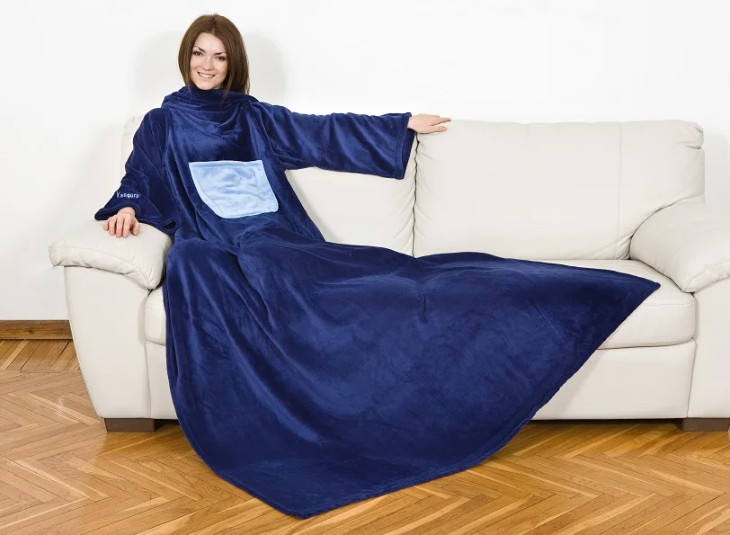 100% POLYESTER HIGH QUALITY COZY WEARABLE FLEECE TV BLANKET WITH SLEEVES KANGAROO COLOR LIGHT BLUE PACKED IN A GIFT BOX  WHOLESA